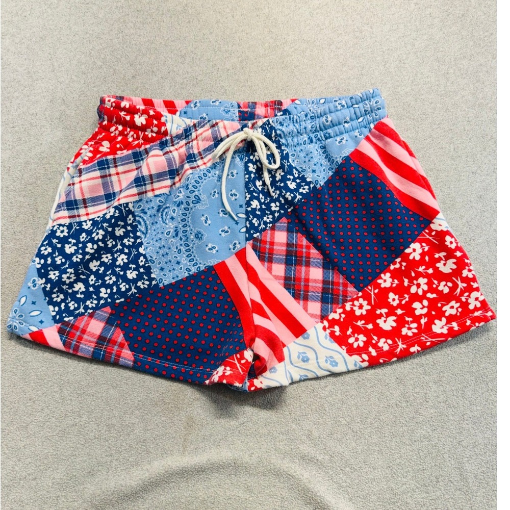 Mighty Fine Patchwork Print Lounge Shorts Women XL Red Blue Drawstring Patriotic